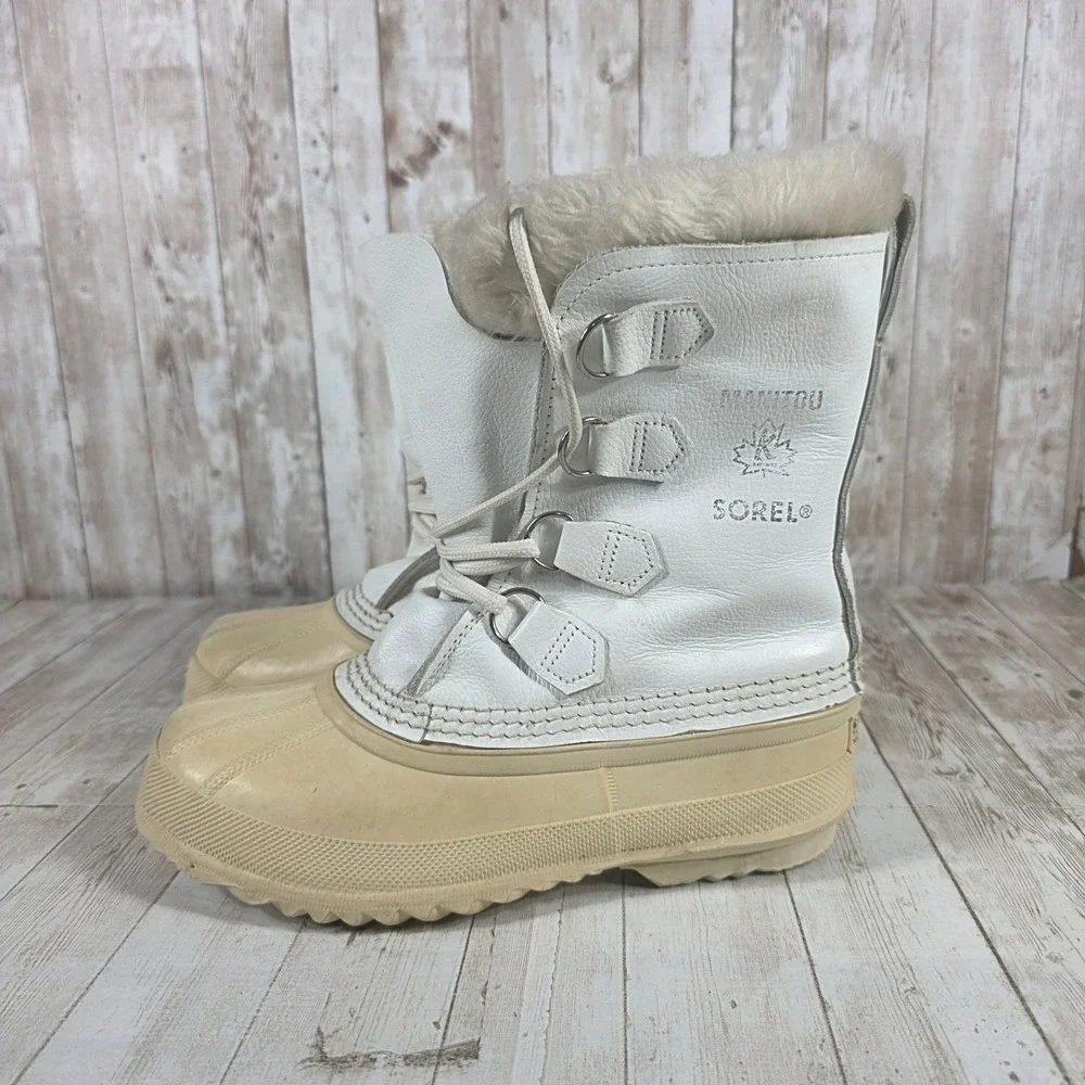 Sorel Manitou White Leather Snow Boots Womens 7‎ Made in Canada Duck Boots Fur